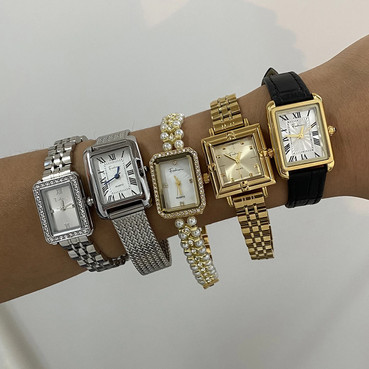 

AIKOER Minimalist Elegant Gold Color Watch For Woman Black Leather Irregular Watch Vintage Pearl Bracelet Wedding Anniversary Wa