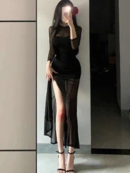 블랙 엘레강스 메쉬 스플라이스 드레스 여성 이너웨어 슬리밍 랩어라운드 피쉬테일 롱 스커트 하이웨이스트 출퇴근룩 한국 스타일