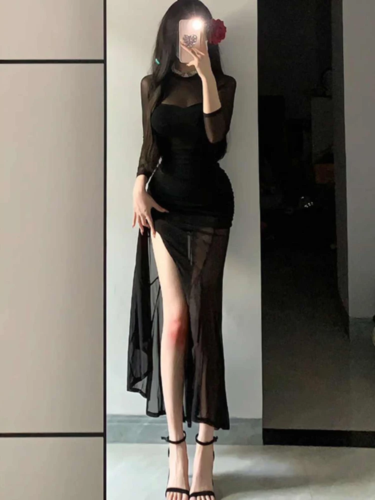 Elegant Black Mesh Splice Dress Women's Autumn Inner Wear Slimming Waist Fish Tail Long Skirt High Waist Commute Sle Korean...