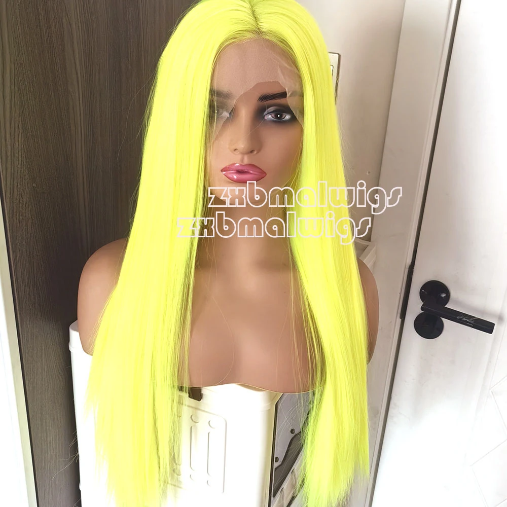 ZXBMALWIGS  Straight Synthetic Hair Neon Yellow Lace Front Wigs for Women  High Temperature Fiber Lace Wigs Daily Cosplay