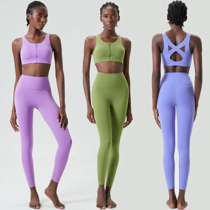 Two Pieces Fitness Yoga Set Women Solid Color High Impact Gym Suit Close Fit Stretchy Running Sportswear Female Wrkout Clothes