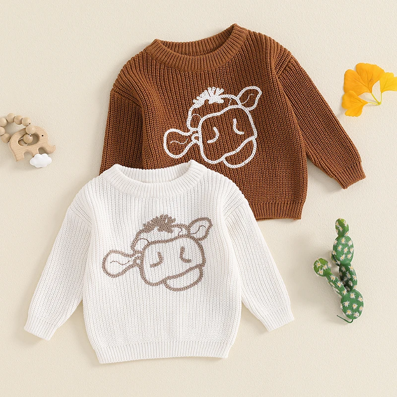 

0-3Y Baby Knit Sweaters Cute Long Sleeve Round Neck Cow Embroidery Pullover Infant Fall Jumper Tops