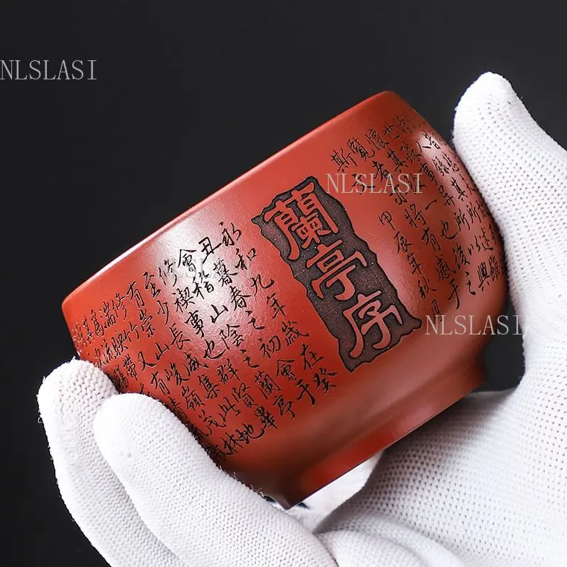 120ml Carved Calligraphy Ceramic Tea Cup with Lanting Xu Text Red Clay Master Cup for Kung Fu Tea Ceremony and Collection