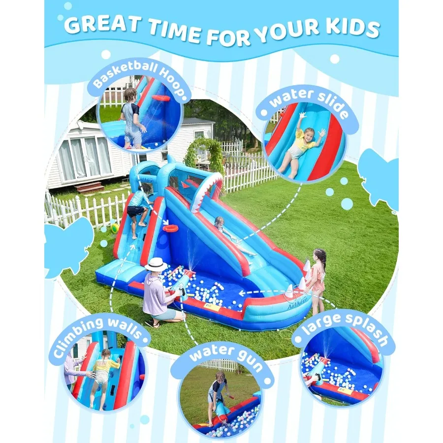 Casa di rimbalzo, casa gonfiabile gonfiabile a tema squali con scivolo, parco acquatico per bambini con scivoli d'acqua Castello di buttafuori