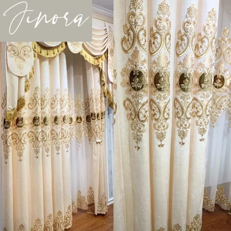 European Style Chenille Embroidered Blackout Villa Beige Curtains For Living Room High Quality  Custom Voile Curtain For Bedroom