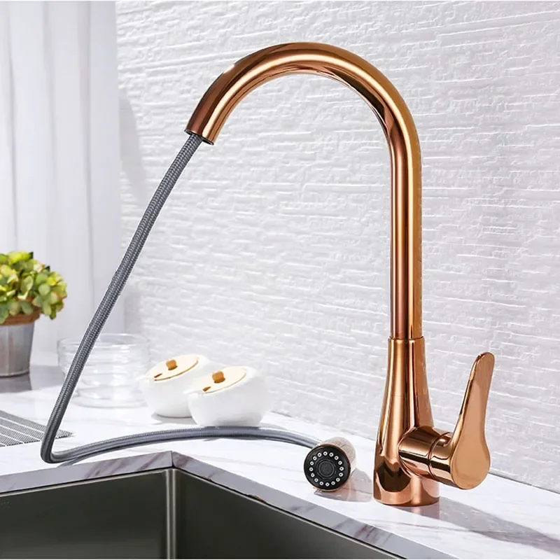 Rose Gold Kitchen Faucet Mixer Cold And Hot Deck Mounted Single Handle Pull Out Kitchen Sink Water Mixer Tap