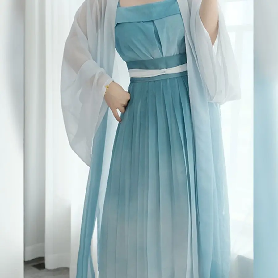 Elegant Summer Chinese Hanfu Dress  Improved Modern Style Traditional Gradient Cyan Cardigan Coat+Top+Skirt  Sets Hanfu Female