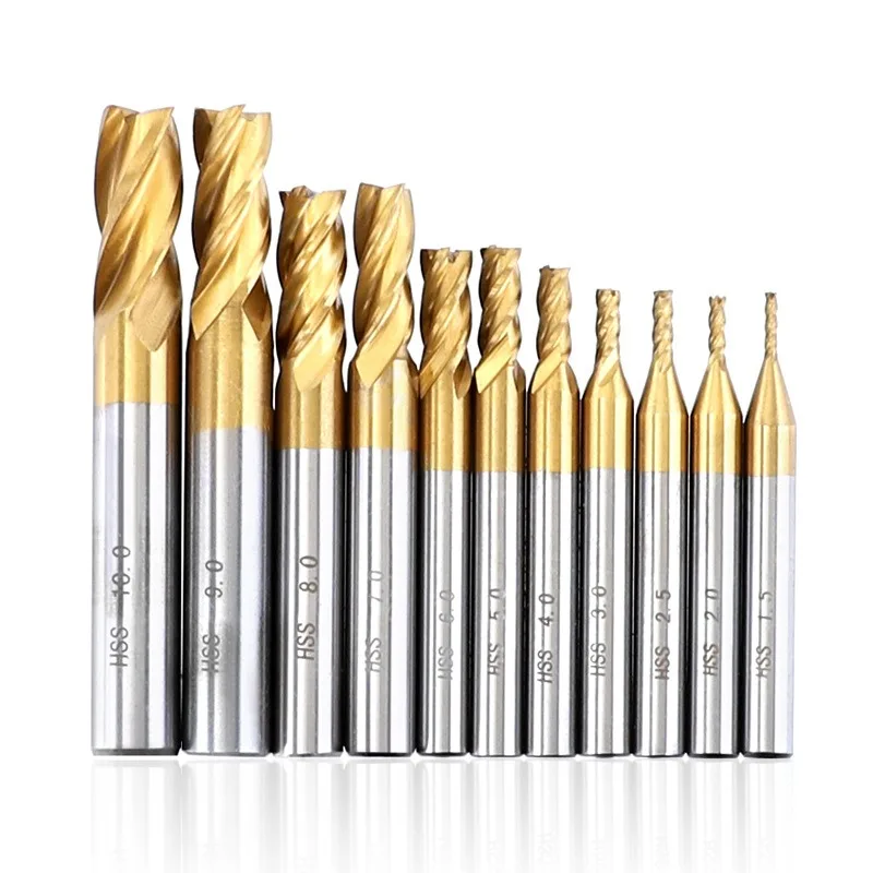 For HSS Titanium Coated End Mill, 4-Flute Straight Shank Milling Cutter Set, 1.5-10mm
