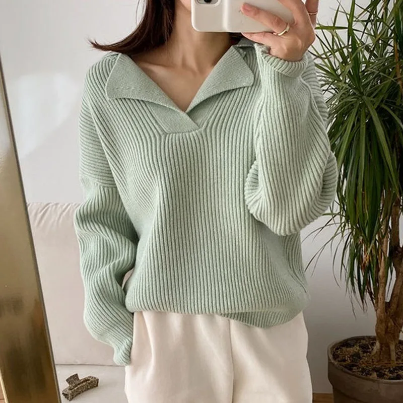 

Knitwears Knitted Sweater Women Pullovers New Long Sleeve White Knit Sweater Pullover Women Tops Turn Down Collar Sweaters Q2845