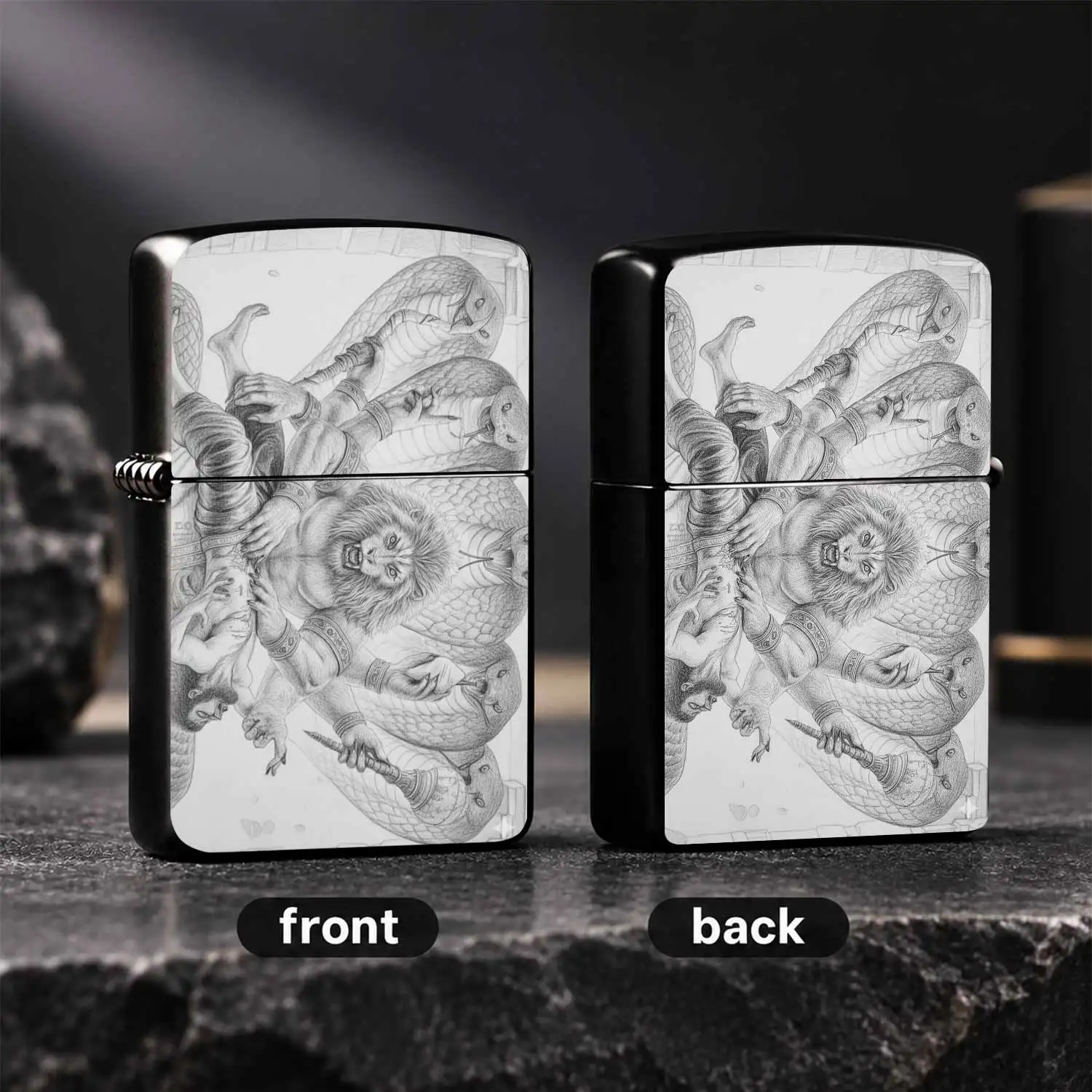 Mythological Themed Lighter With Detailed Pencil Sketch Of Narasimha And Serpent Deity Pattern, Artistic Collectible Portable Ignition Tool For Daily Use, Gifting And Various Scenarios, Unique Cultural Decorative Practical Accessory For Myt