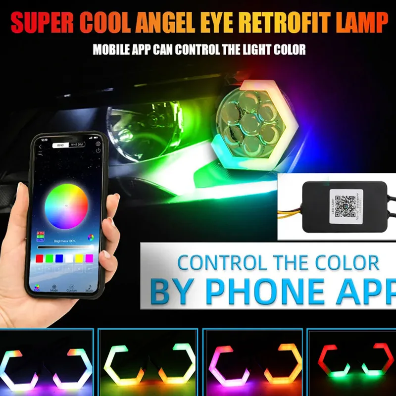 

70mm 80mm 85mm 90mm RGB Hexagon LED Angel Eyes with Turn Signal Halo Rings Car Headlights DRL 12-24V for Motorcycle Offroad 4X4