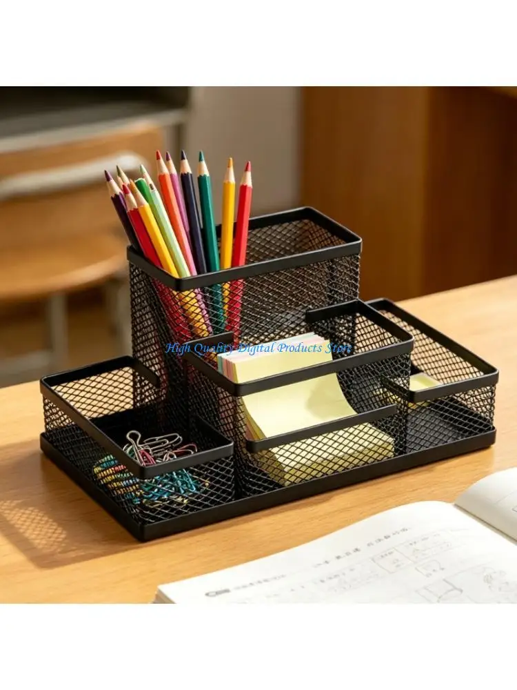 U2JE Multifunctional Desk Organiser Multi-Sections Metal Pen Stand with Anti Slip Base for Pencil Marker Makeup Supplies