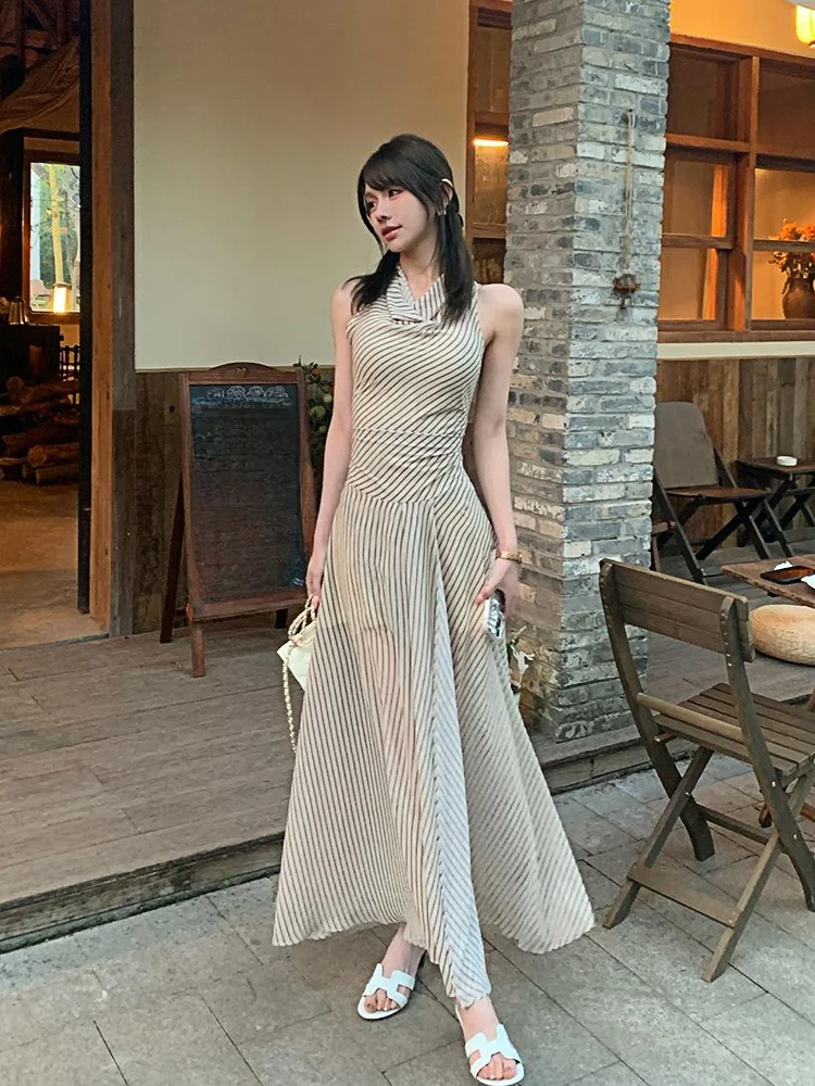 

XZY Retro Striped Sleeveless Waist-Cinching Dress Women's plus Size Summer High Waist Long A-Line Skirt Korean Style Commute