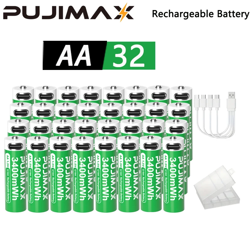 PUJIMAX 32/20/16/8-Pack AA 3400mWh Rechargeable Lithium Battery, Charged via 1.5V Type-C Port, Can Be Recycled 1200 Times, Suitable for Remote Controls, Doorbells, Cameras, Razors, Power Remote Controllers, Halloween Decorations, Included Charging Cable.