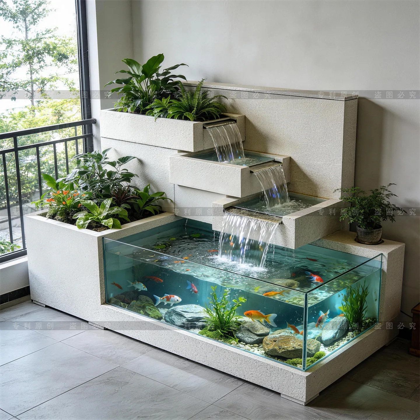 

Outdoor flowing water fish pond 2026 new glass fish tank courtyard landscaping flower box imitation stone paint stainless steel