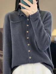 2024 New Fashion Women Sweater Spring 100% Pure Merino Wool Cardigan Ruffled-collar Jacket Female Clothing Grace Knitwear Tops