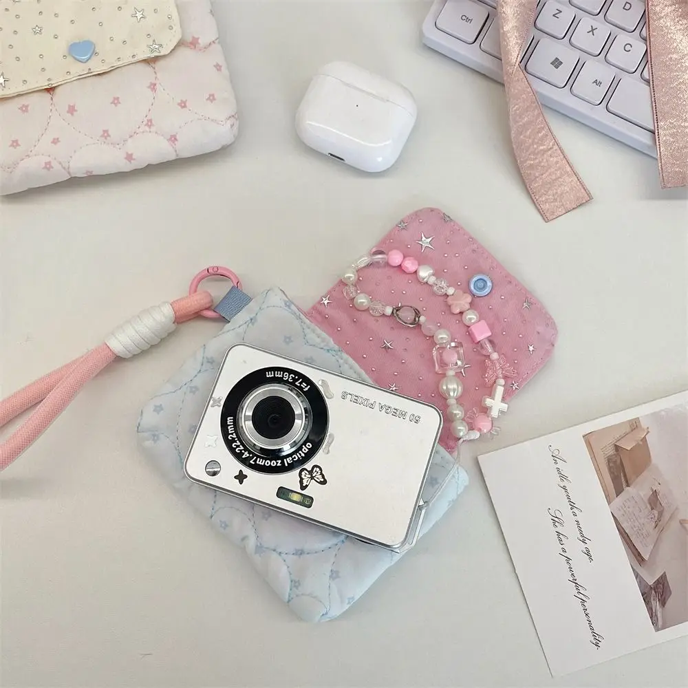 Snap Closure Quilted Star Glitter Card Bag Portable Cute Canvas Card Holder Korean Style Multiple Card Small Storage Bag Student