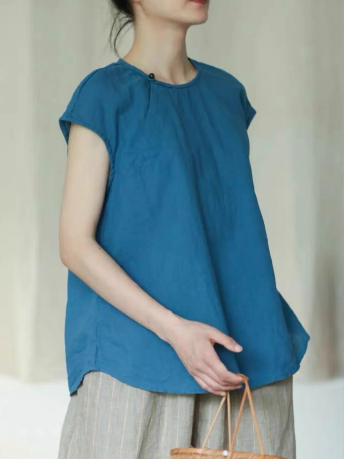 중국 스타일 라운드 넥 코튼 린넨 여성 여름 예술적 컬러 심플 오버헤드 얇은 탑