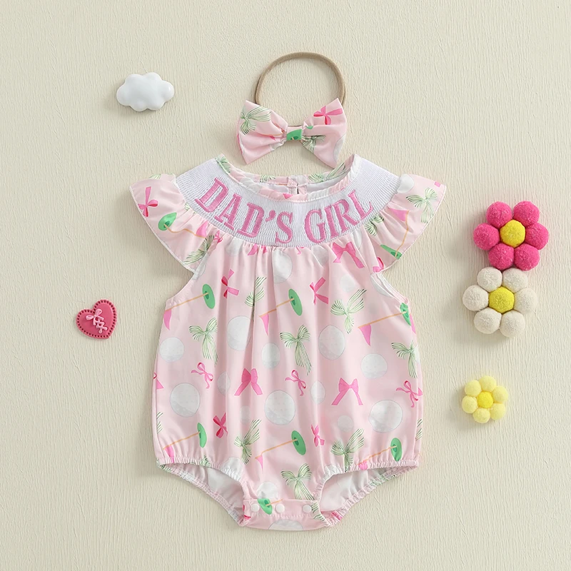 

2025 New Baby Girls Summer Romper Golf Bow Print Romper Flying Sleeve Round Neck Letter Embroidery Jumpsuit with Headband
