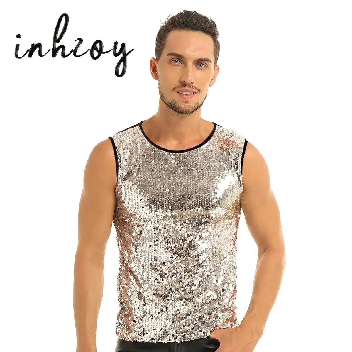

Mens Glitzy Sequins Tee T-shirts Carnival Dance Top Vest Summer Sleeveless Crew Neck Slim Fitted Tank Tops Rave Party Clubwear