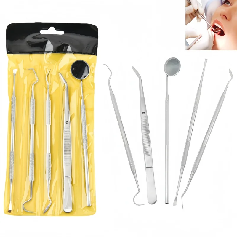 

5PCS/set Dental Oral Mirror Stainless Steel Tweezers Probe Hook Elbow Probe Dental Instrument Set Dental Stone Cleaning Tools