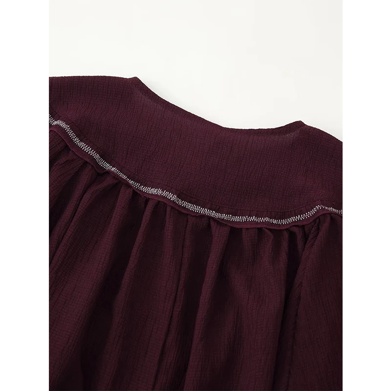 YENKYE nouvelles femmes mode perlée chemise brodée à lacets col rond à manches longues décontracté Blouse ample printemps haut d'automne