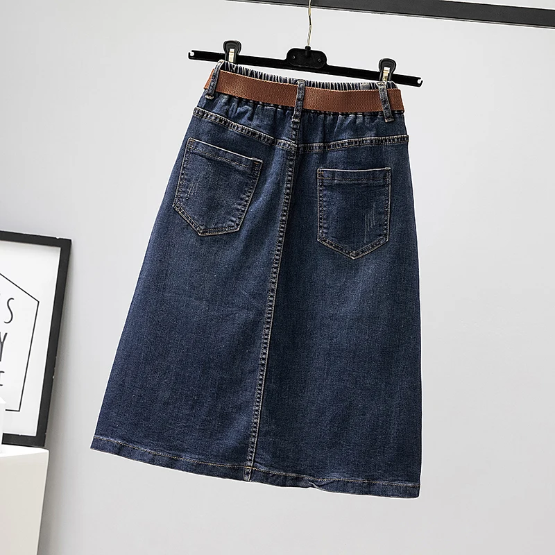 Women Denim Skirts Large Size Elastic Waist Mid Length Jean Skirt Spring Summer Solid Color Office Lady Faldas