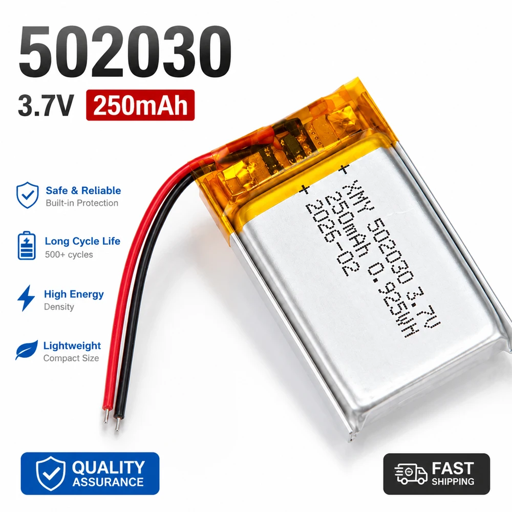 3.7V  502030 250mAh Polymer Lithium Rechargeable Battery for Toys LED Lights Bluetooth Speakers Beauty Instruments Battery