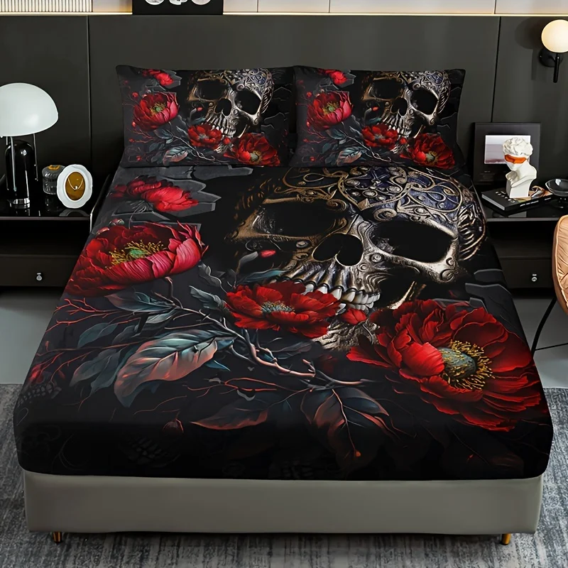 3Pcs Dark Gothic Skull Rose Floral Bedding Set (1 Fitted Sheet + 2 Pillowcases, Pillow Inserts Not Included), High-Definition Print for Home and Dormitory Use