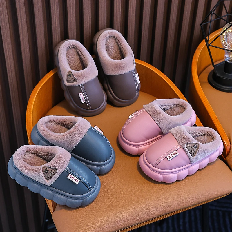 

Children Winter Slippers Home Warm Shoes Comfortable Non-Slip Thick Sole Plush Slides Waterproof Outdoor Anti-Slip Furry Flats