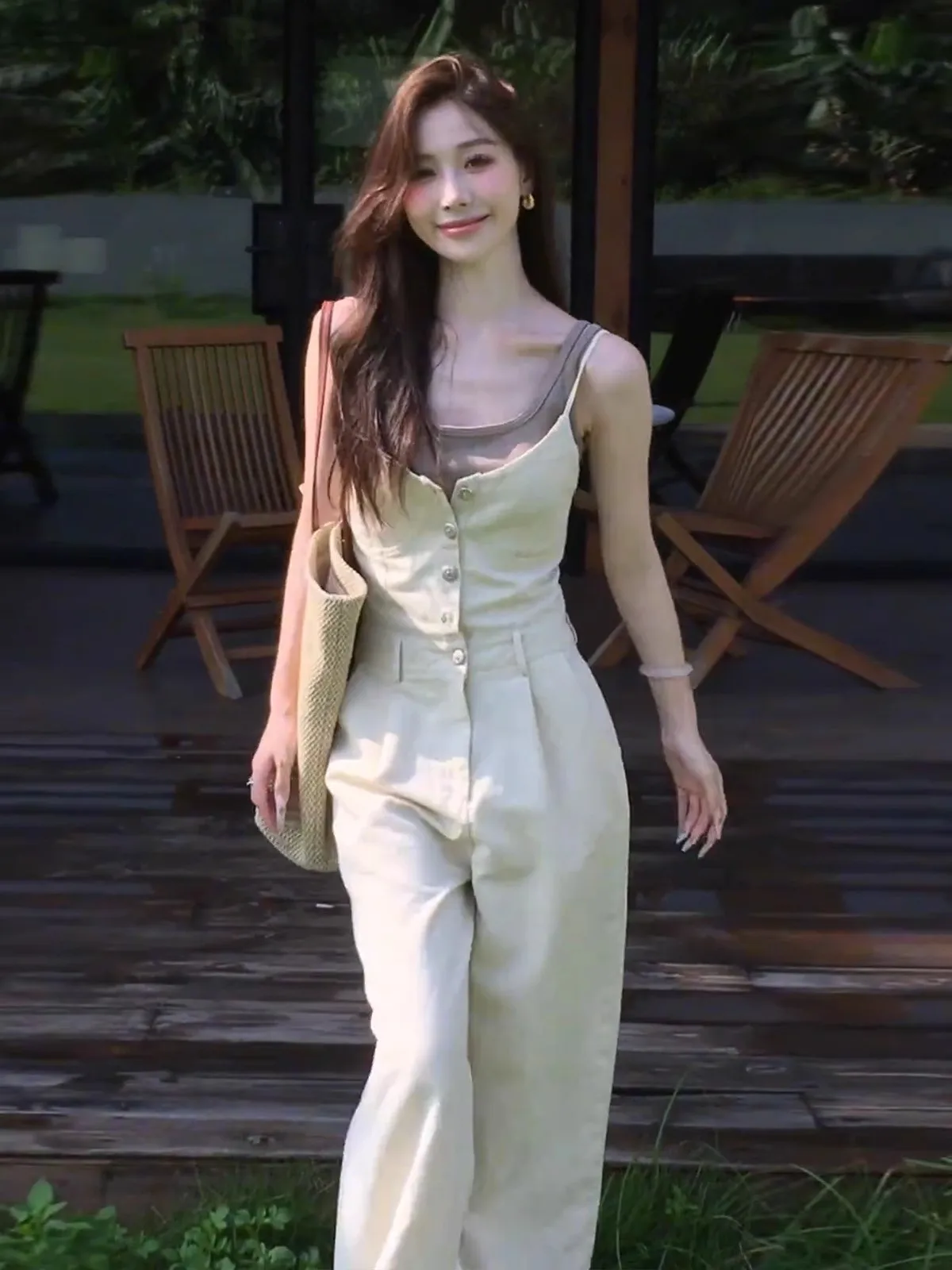 

Korean Sle Commute Single Button Strap Jumpsuit Vest Set Women's Faion plus Size Gentle Set High Waist Long Pants Summer