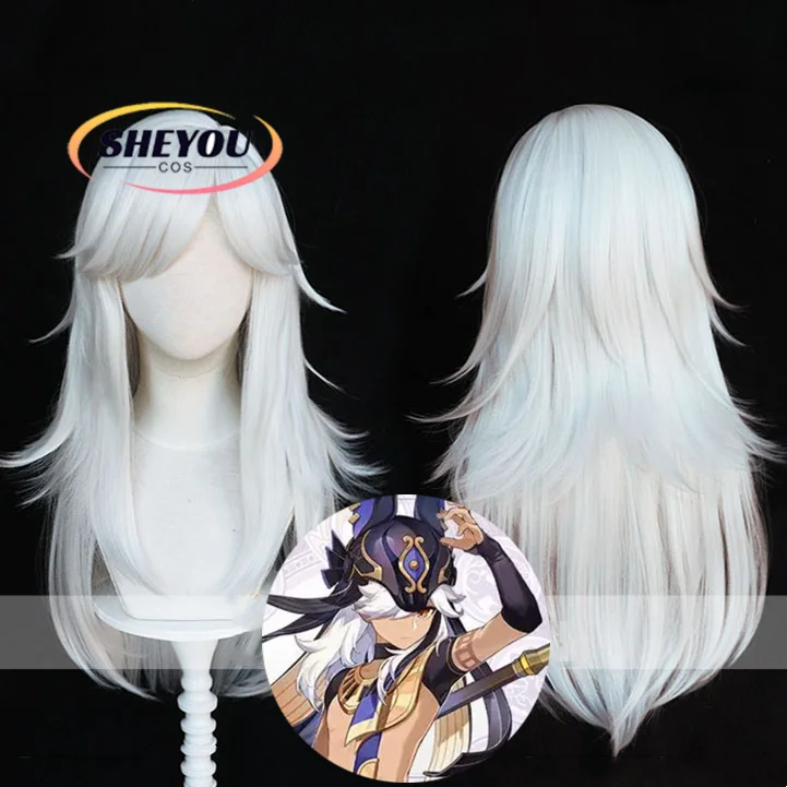 

Cyno Cosplay Wig Game Impact Cosplay General Mahamatra 65cm Long Silver White Heat Resistant Hair Halloween Wigs + Wig Cap