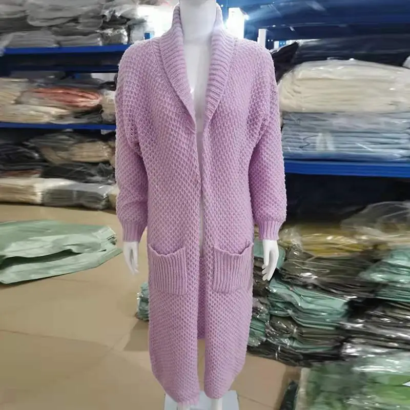 Cardigan lavorato a maglia da donna con colletto ribaltabile invernale maglione lungo tinta unita cappotto lavorato a maglia taglie forti addensato caldo vintage americano