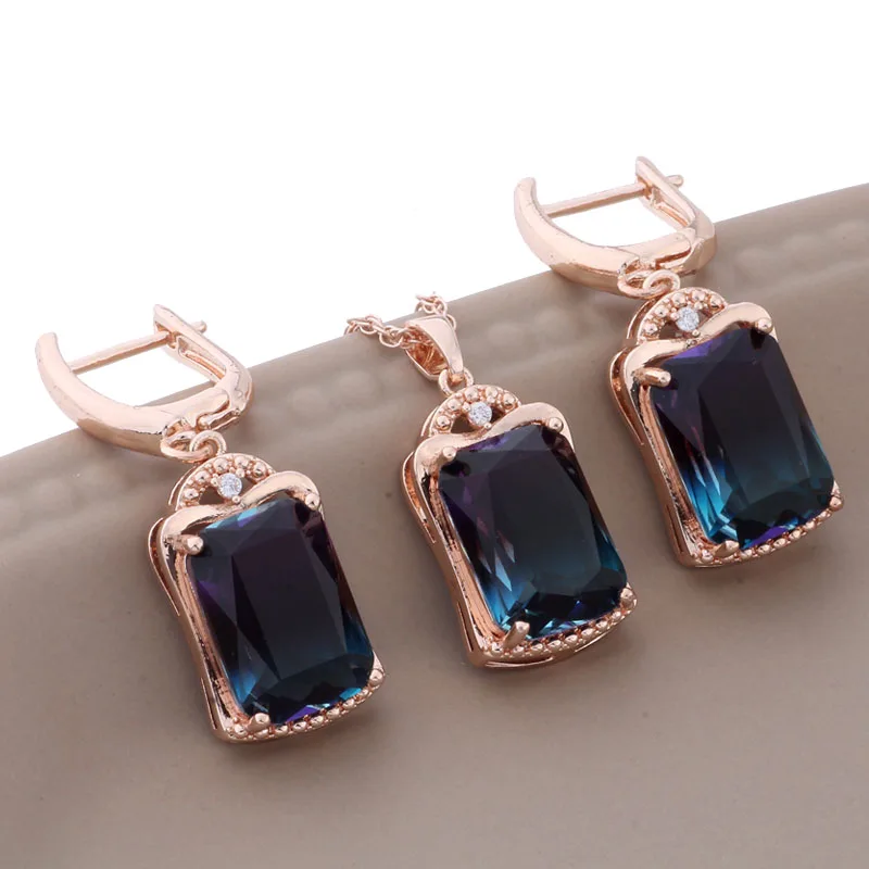 Trend 2023 Square Natural Zircon Drop Earrings Sets 585 Rose Gold Color Jewelry Sets for Women Luxury Quality Jewelry