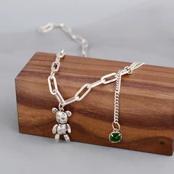 Silver Color Bear Sweater Necklace for Women INS Fashion Elegant Green Zircon Pendant Necklace Bride Jewelry Gift