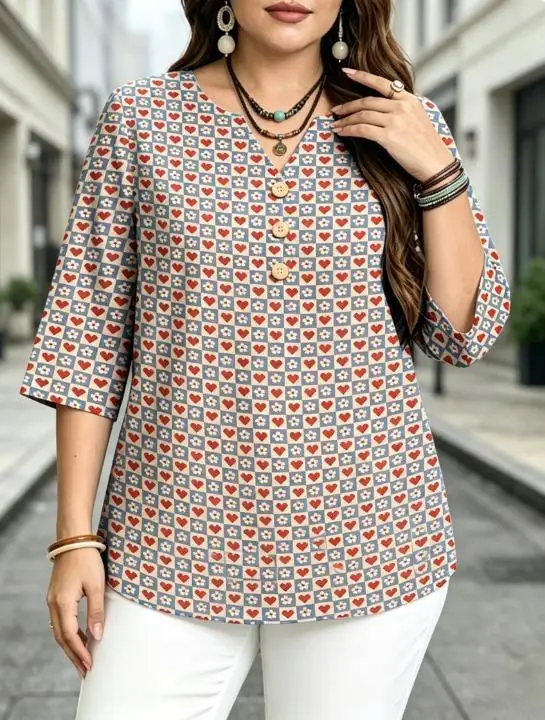 5 Patterns Casual Print Blouses Notch V Neck 3 Decor Buttons 3/4 Sleeve Dot Skull Heart Stripe Floral Soft Daily Women Shirts