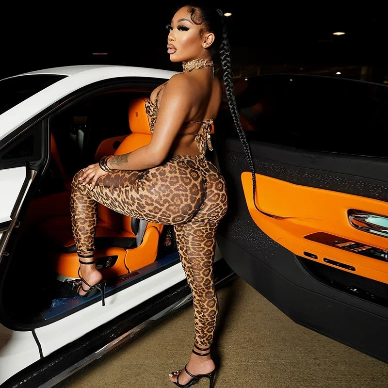 Doyerl Leopard Print Sexy Night Club Outfits Woman Two Piece Set Party Halter Lace-up Strapless Crop Top and Pencil Pants Suit