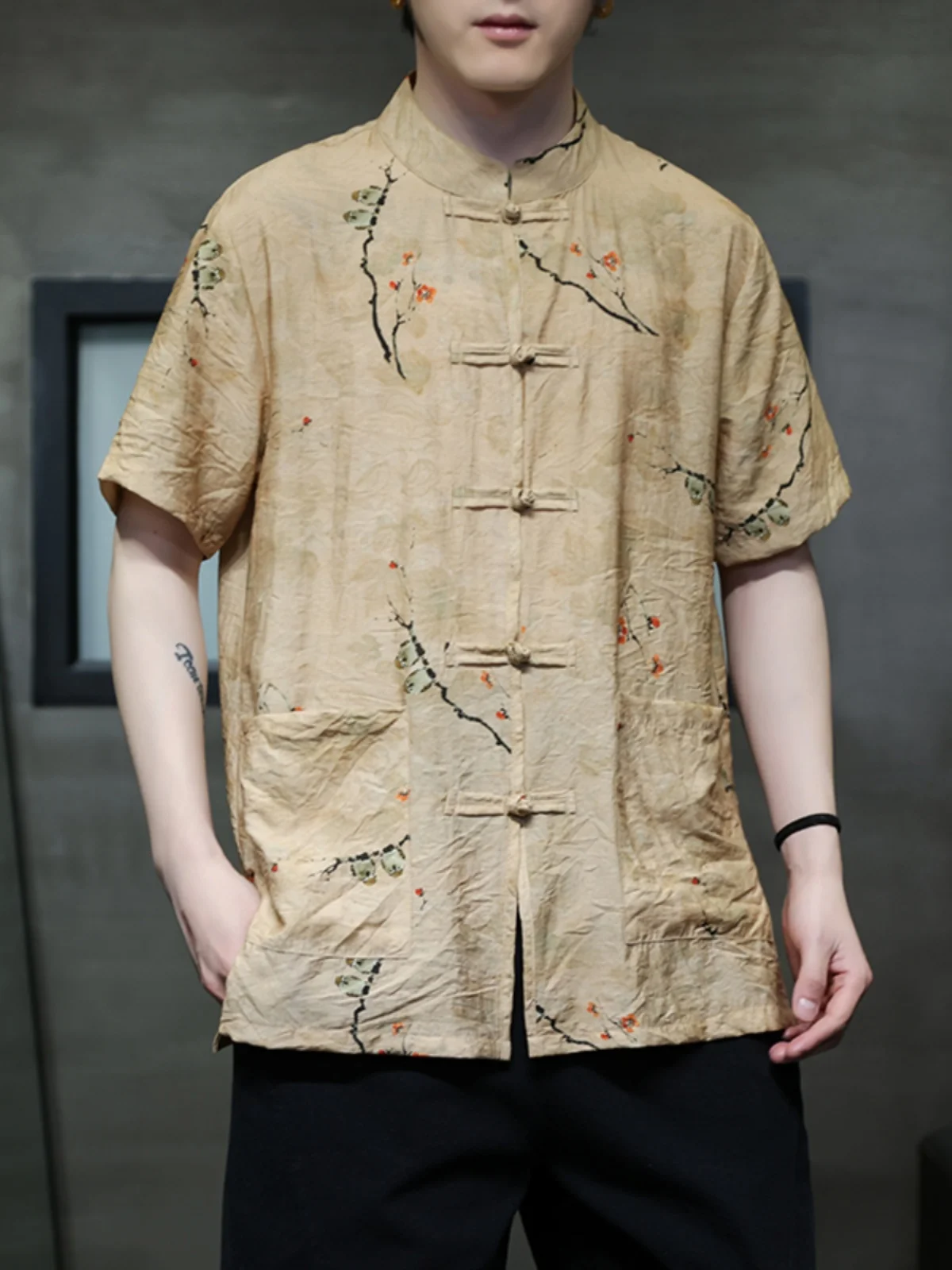 

Новая мужская летняя дышащая рубашка из ледяного шелка с воротником-стойкой в китайском стиле от модного бренда Haome Tang, костюмная куртка