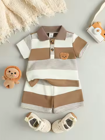 Crianças verão nova chegada meninos regular listrado urso de pelúcia curto camiseta e shorts esporte casual conjunto de duas peças