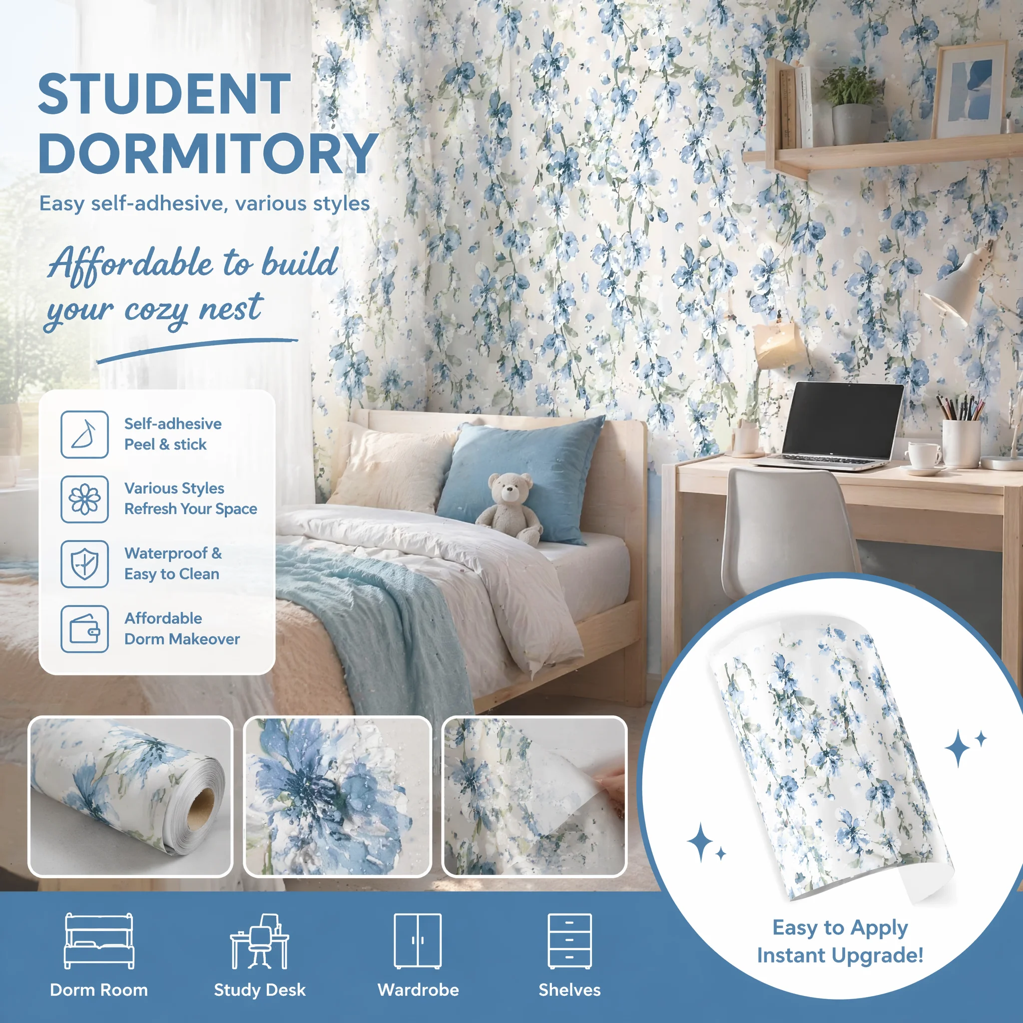 Blue Flower Waterproof Self Adhesive Wallpaper Vinyl Peel And Stick Contact Paper for Home Wall Cabinet Door Renovation Decor