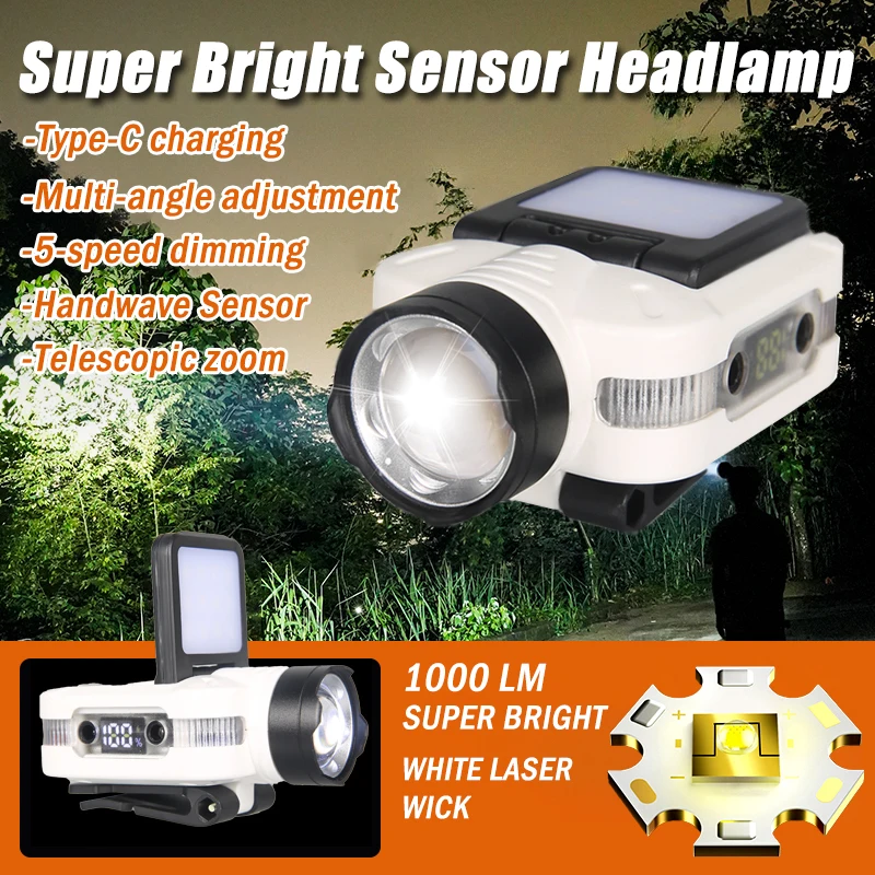 1000LM Sensor Headlamp USB C Rechargeable 5 Modes Headlight with Power Display Cap Clip Outdoor Fishing Camping Head Flashlight