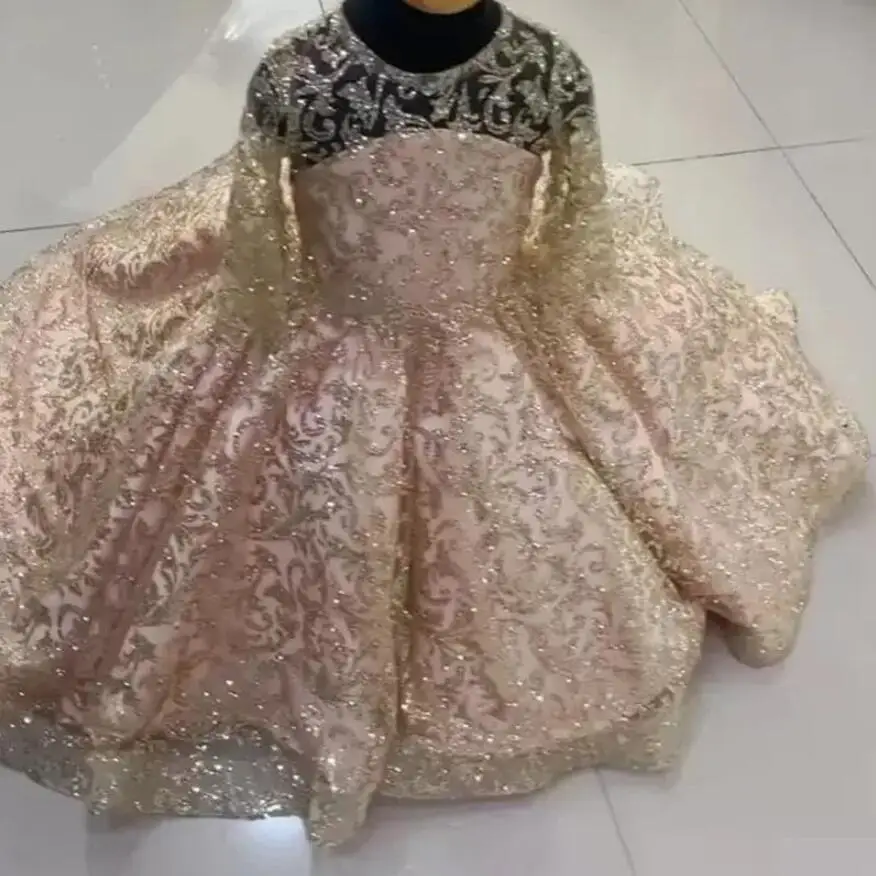 

Sparkly Champagne Girls Pageant Dresses Sequined Ball Gown Flower Girl Dress For Wedding Long Sleeves First Communion Dress