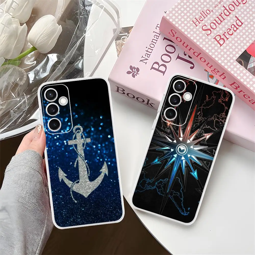 Capa de Telefone Pretty Navy Ancora para Samsung Galaxy S25 S24 S23 S22 S21Plus FE Ultra, Capa Transparente de TPU Macia e à Prova de Choque