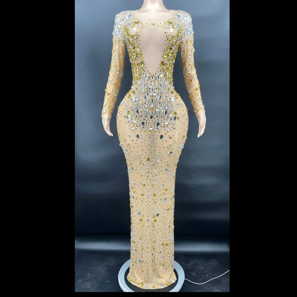 

Gold Shining Rhinestones Sexy Long Dress For Women Evening Prom Clothing Stage Singer Entertainers Costumes Party Wears