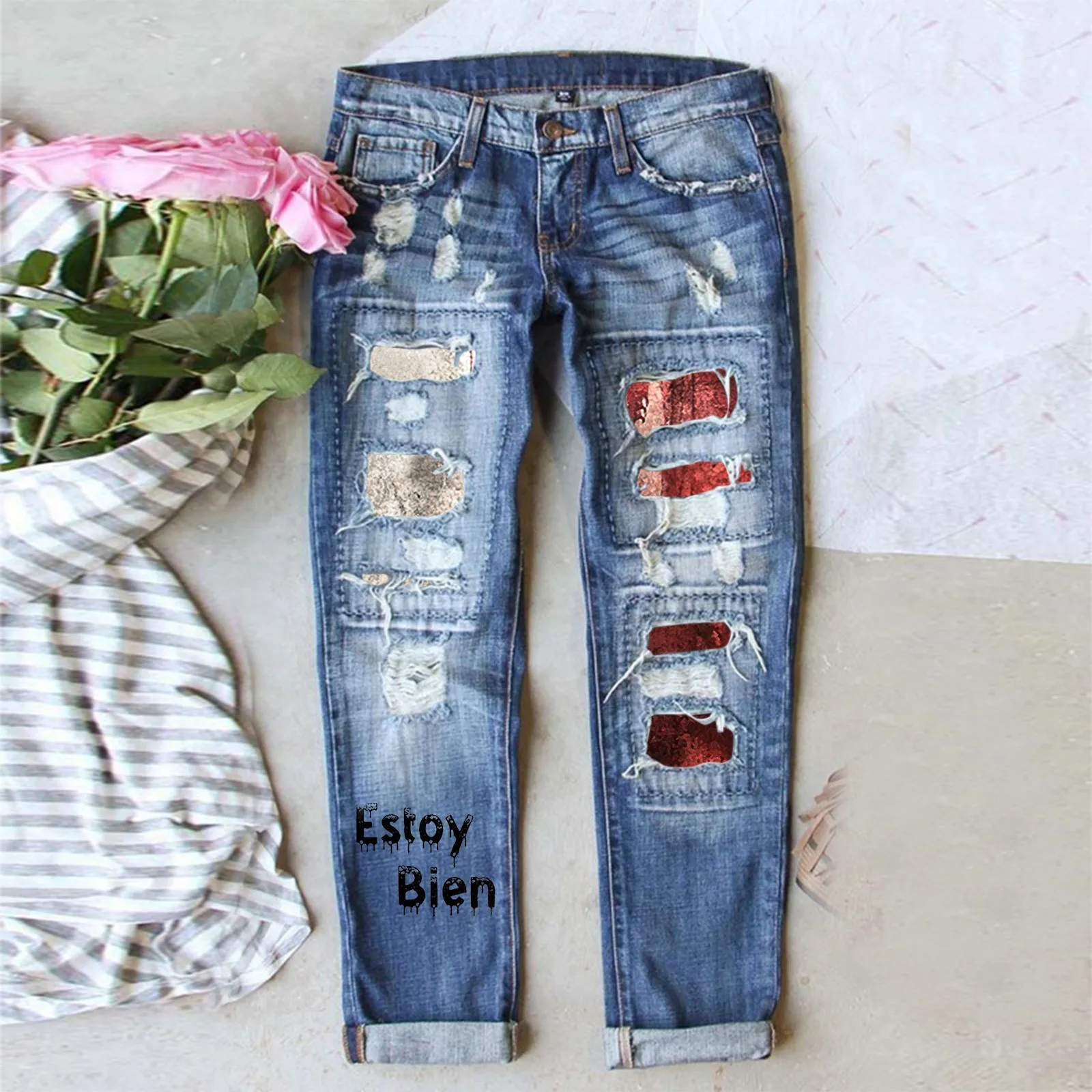 New 2024 Plus Size Jeans For Women Halloween Letters Printed Hole Thickened Denim Trousers Vintage Jeans For Women Teen Girls