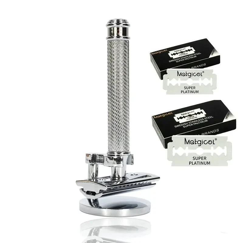 Zinc Alloy  Safety Razor Set - Includes Razor Stand , Double Edge Safety Razor and 10 Platinum Blades for Men's Shaving