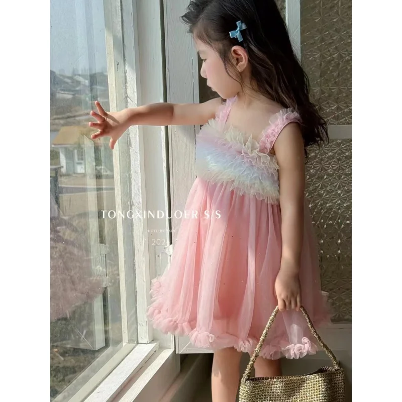 

Girls' Dress2024Summer New Western Style Baby Girl Rainbow Summer Suit Fashionable ChildrentutuCake dress