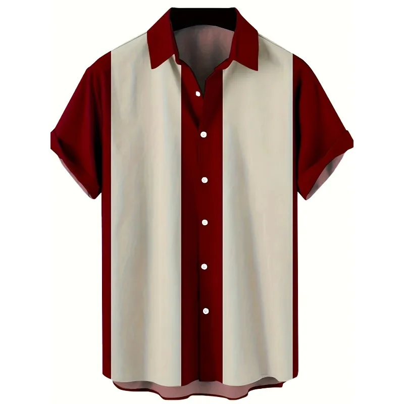 American Retro Red and White Striped Bowling Shirt Men's Cuban Collar Contrasting Short Sleeved Casual Cardigan Top
