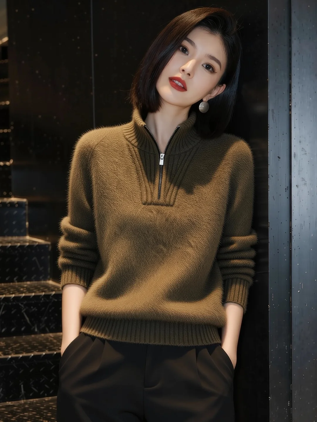 

Slimming Color Knitted Sweater with f Zipper Long Sve Turn-down Collar for Women Faionable Commute Sle Spring...