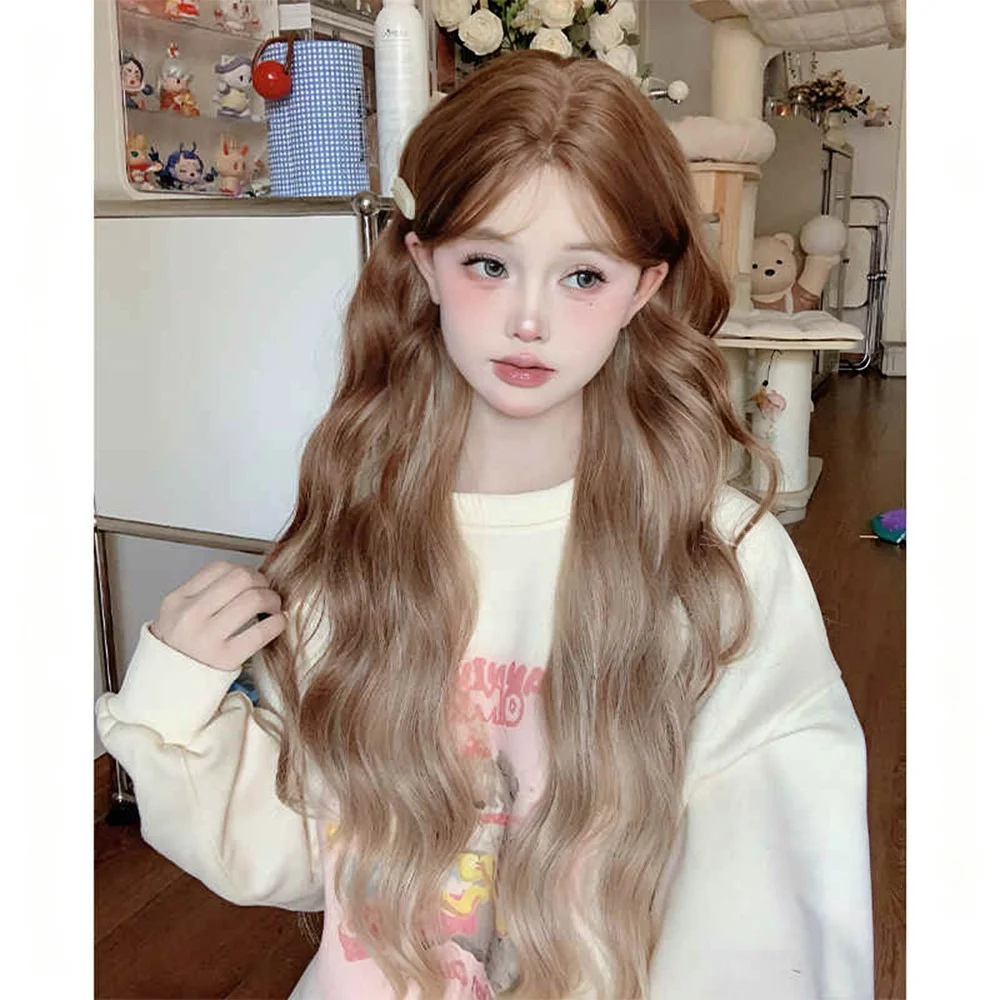 OLACARE Cosplay Wig Synthetic Long Curly Wavy Brown Blonde Ombre Wigs with Bangs for Women High Temperature Natural Fake Hair